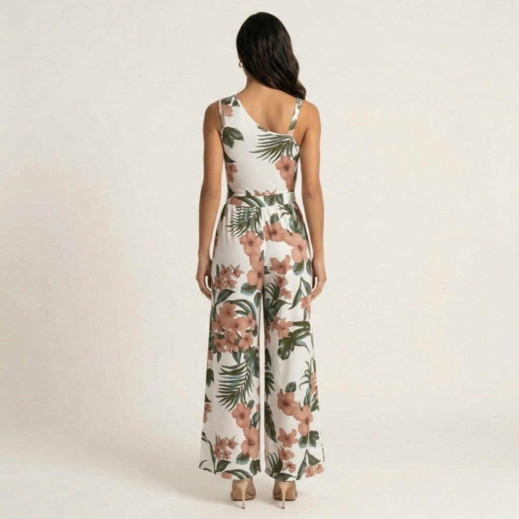 Anna-Kaci Sleeveless Floral Wide Leg Jumpsuit with Asymmetrical Neckline Adjustable Strap Relaxed Fit