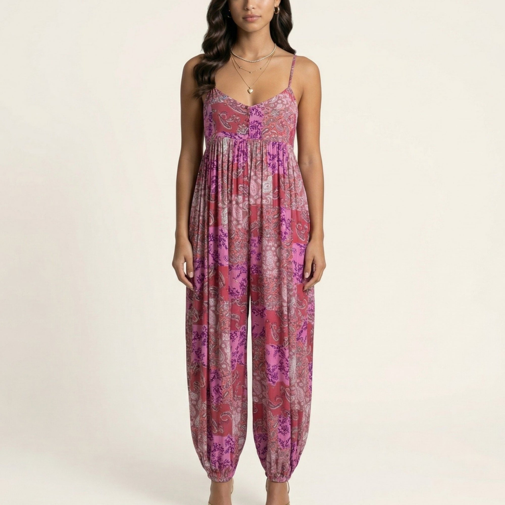 Anna-Kaci Sleeveless Printed Jumpsuit with Spaghetti Straps Smocked Bodice Elastic Ankle Relaxed Fit
