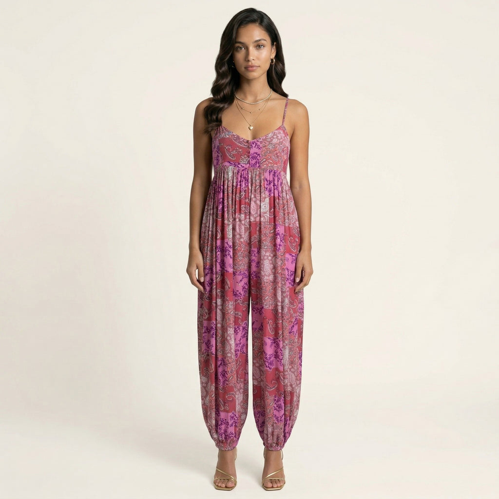Anna-Kaci Sleeveless Printed Jumpsuit with Spaghetti Straps Smocked Bodice Elastic Ankle Relaxed Fit