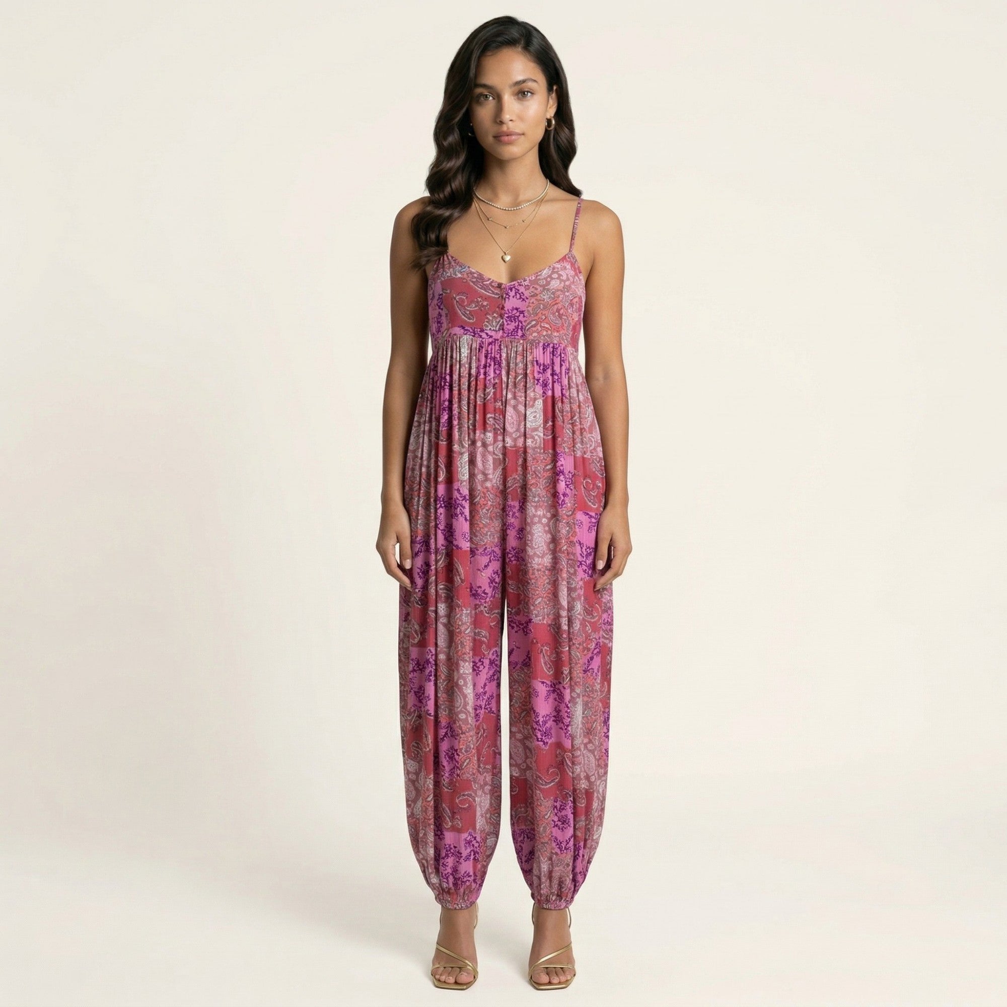 Anna-Kaci Sleeveless Printed Jumpsuit with Spaghetti Straps Smocked Bodice Elastic Ankle Relaxed Fit