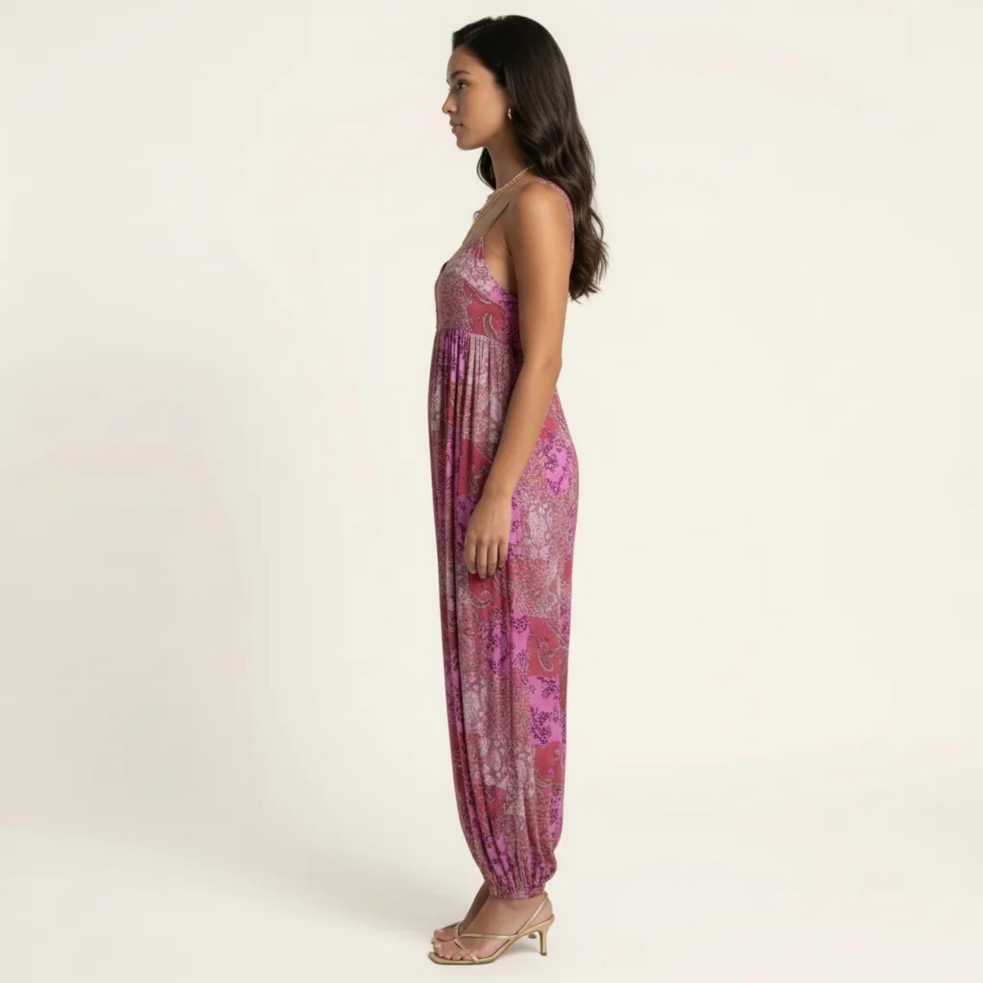 Anna-Kaci Sleeveless Printed Jumpsuit with Spaghetti Straps Smocked Bodice Elastic Ankle Relaxed Fit