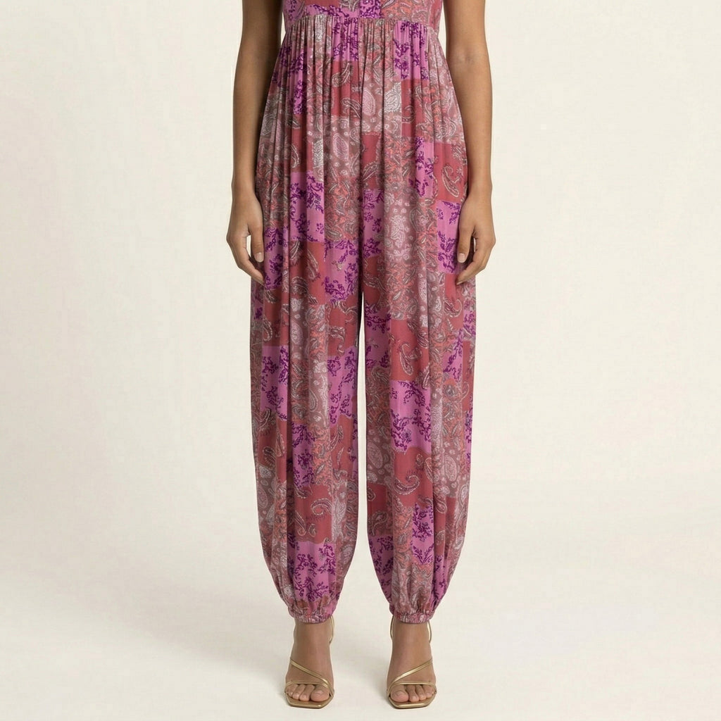 Anna-Kaci Sleeveless Printed Jumpsuit with Spaghetti Straps Smocked Bodice Elastic Ankle Relaxed Fit