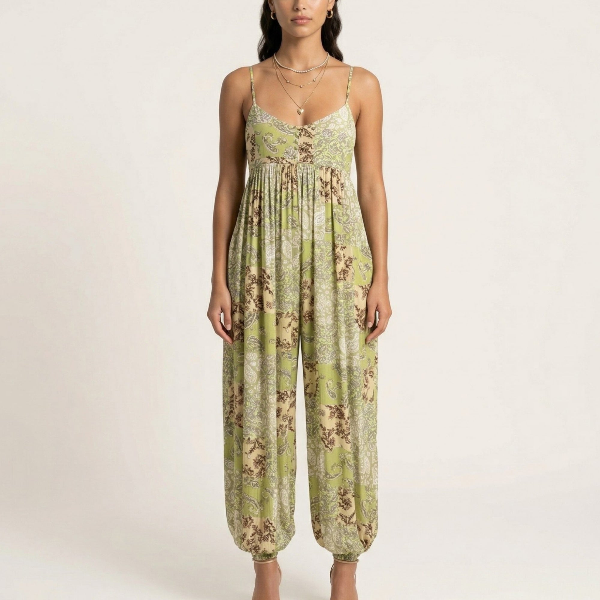Anna-Kaci Sleeveless Printed Jumpsuit with Spaghetti Straps Smocked Bodice Elastic Ankle Relaxed Fit
