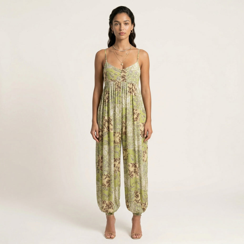 Anna-Kaci Sleeveless Printed Jumpsuit with Spaghetti Straps Smocked Bodice Elastic Ankle Relaxed Fit