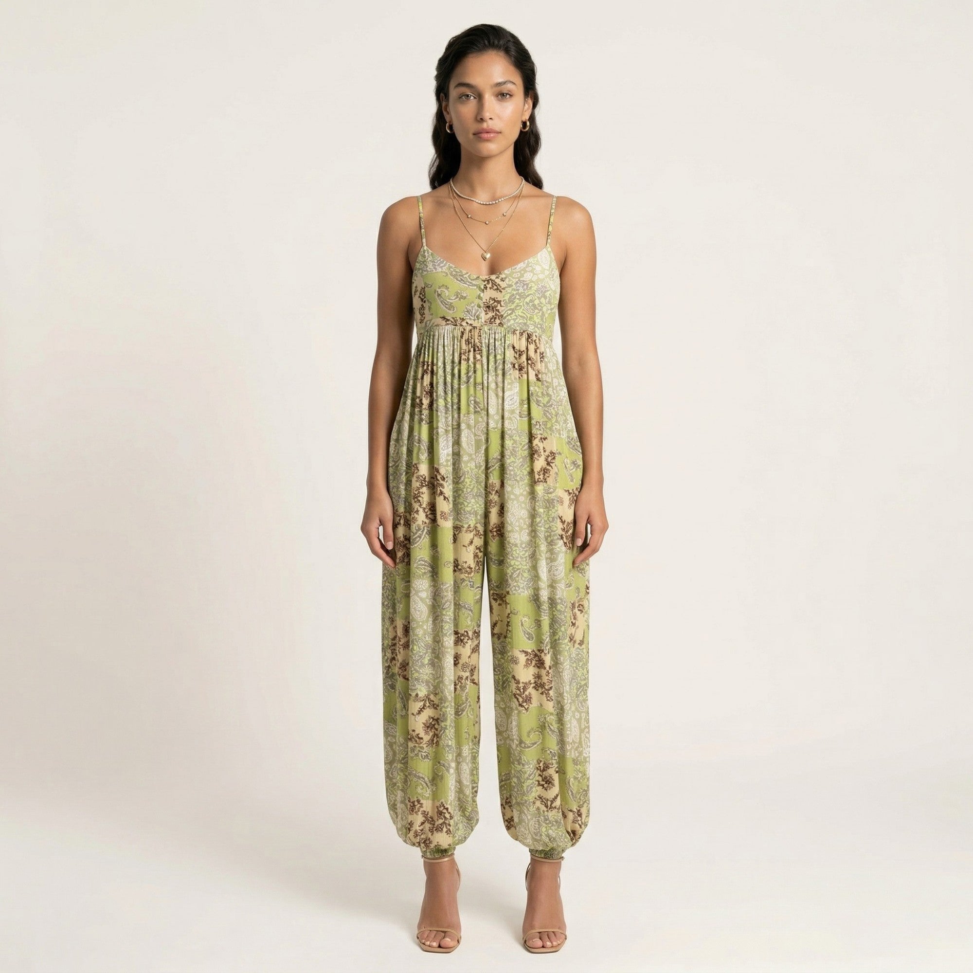 Anna-Kaci Sleeveless Printed Jumpsuit with Spaghetti Straps Smocked Bodice Elastic Ankle Relaxed Fit