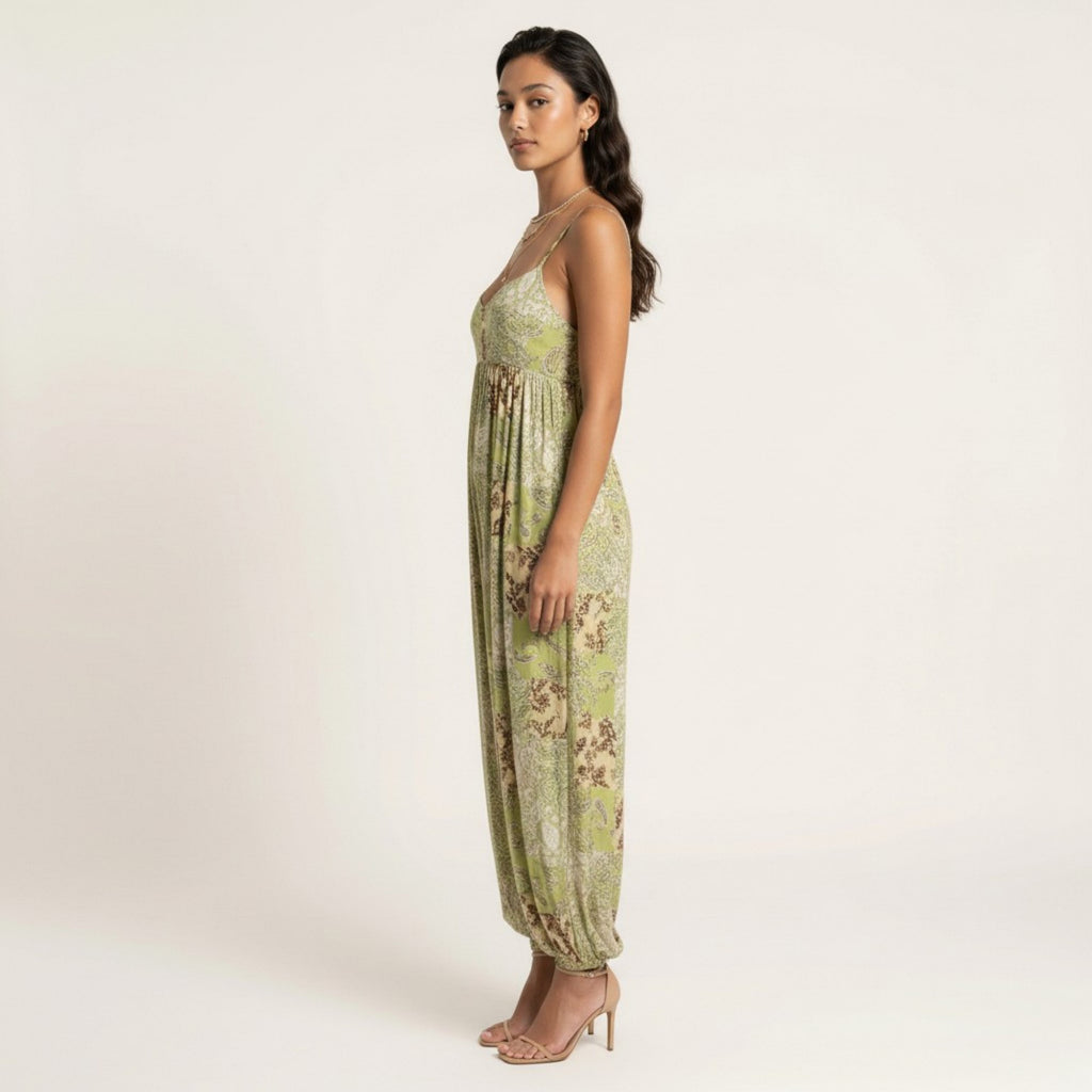 Anna-Kaci Sleeveless Printed Jumpsuit with Spaghetti Straps Smocked Bodice Elastic Ankle Relaxed Fit