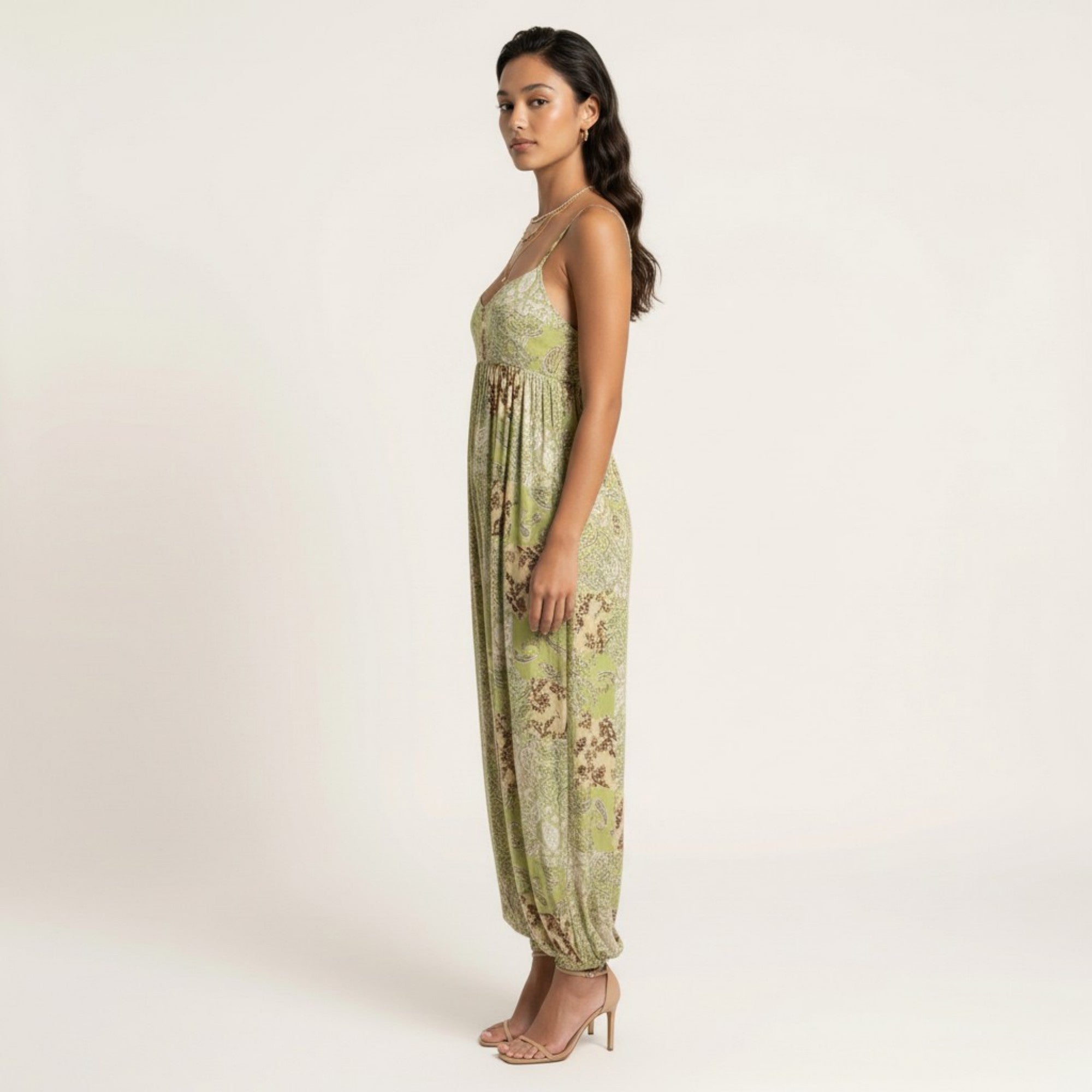 Anna-Kaci Sleeveless Printed Jumpsuit with Spaghetti Straps Smocked Bodice Elastic Ankle Relaxed Fit
