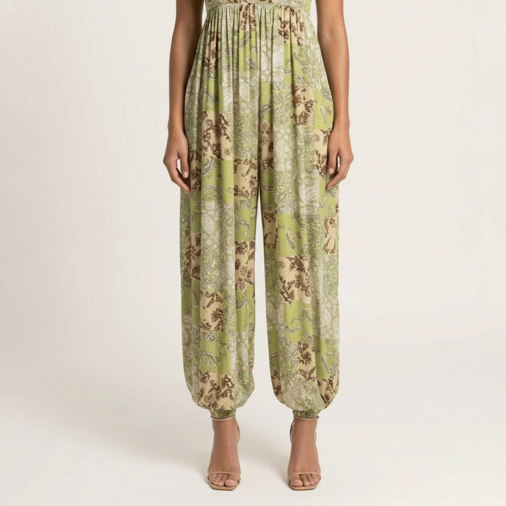Anna-Kaci Sleeveless Printed Jumpsuit with Spaghetti Straps Smocked Bodice Elastic Ankle Relaxed Fit