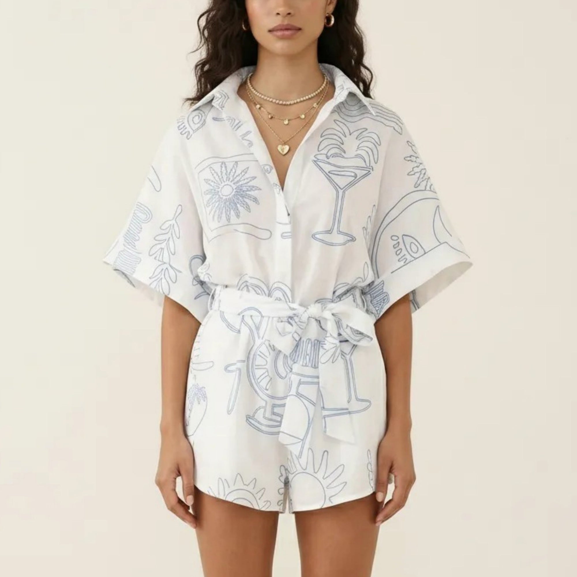 Anna-Kaci Short Sleeve Printed Romper with Collared Neckline Button Front Closure Waist Tie Relaxed Fit