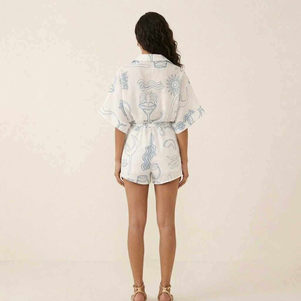 Anna-Kaci Short Sleeve Printed Romper with Collared Neckline Button Front Closure Waist Tie Relaxed Fit