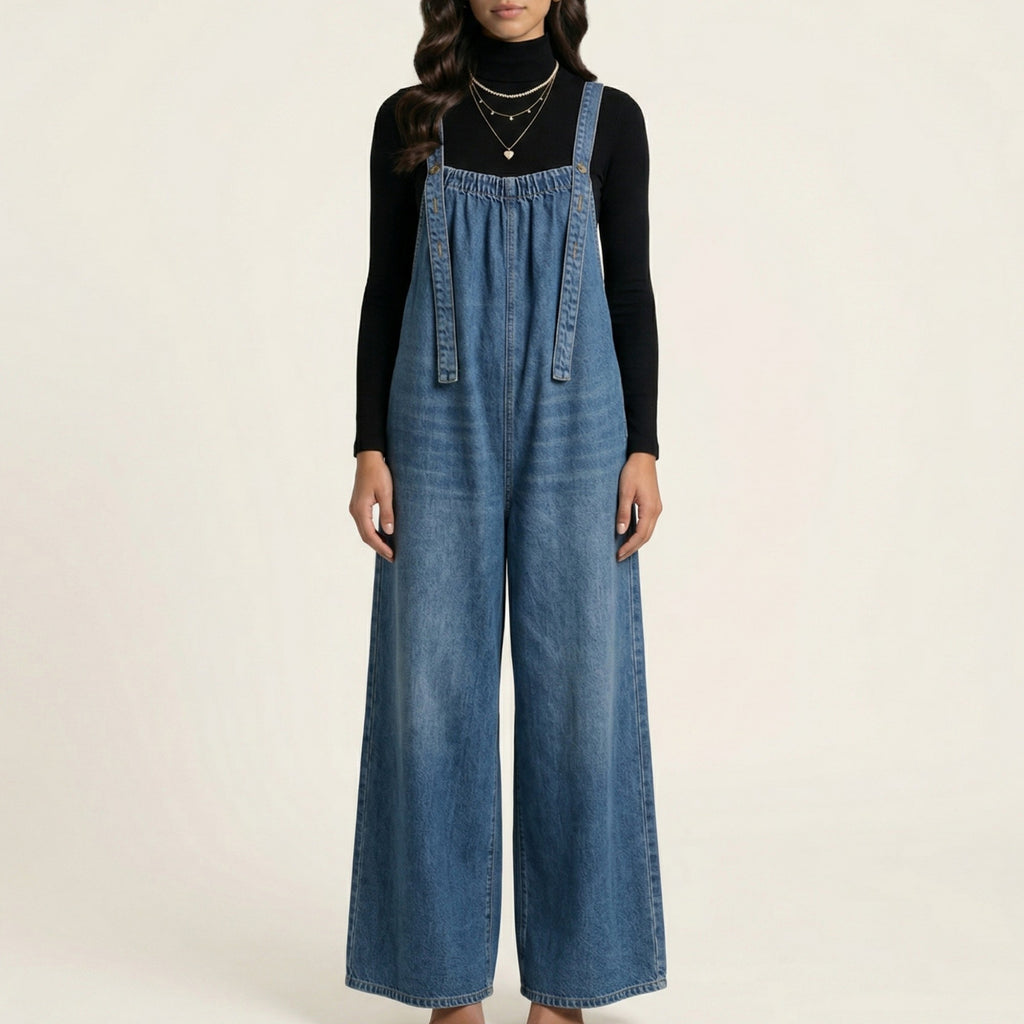 Anna-Kaci Sleeveless Wide Leg Denim Jumpsuit with Gathered Neckline Adjustable Shoulder Straps Loose Fit