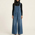 Anna-Kaci Sleeveless Wide Leg Denim Jumpsuit with Gathered Neckline Adjustable Shoulder Straps Loose Fit