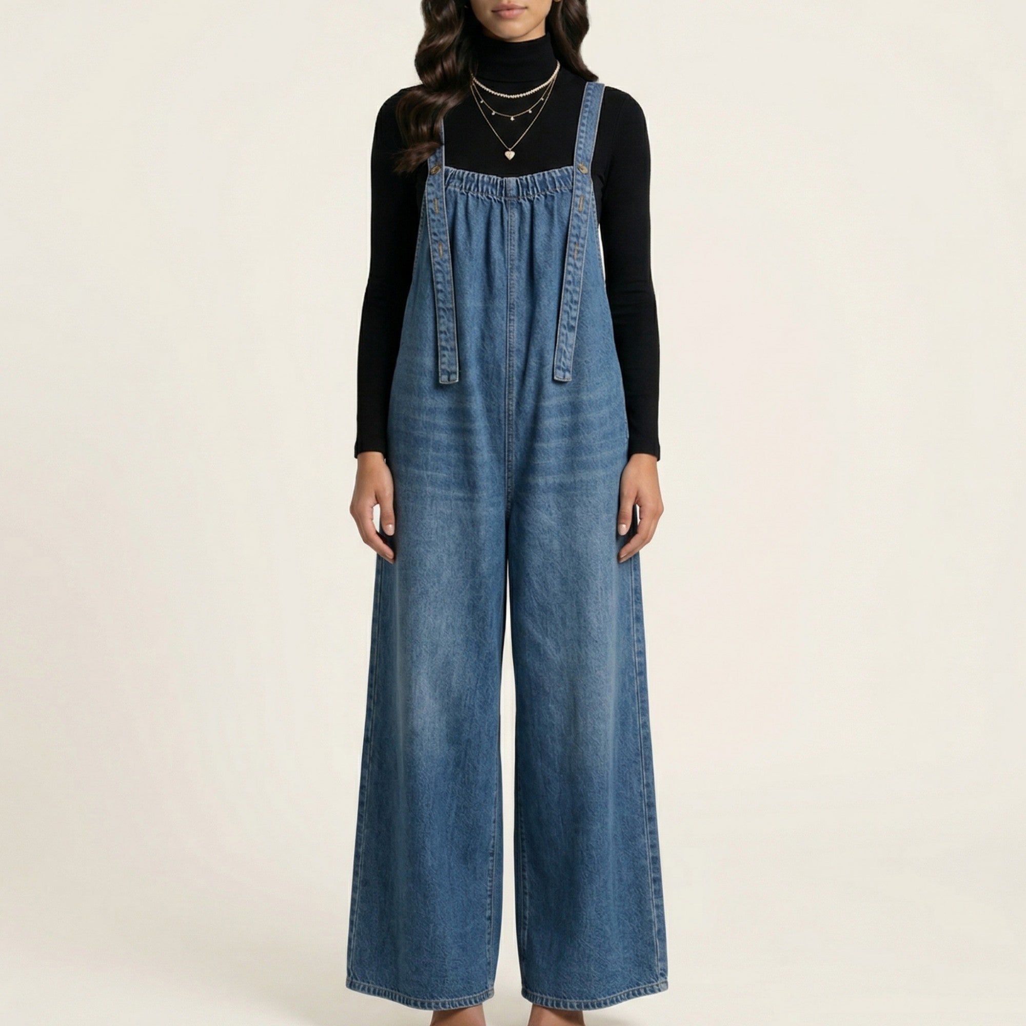 Anna-Kaci Sleeveless Wide Leg Denim Jumpsuit with Gathered Neckline Adjustable Shoulder Straps Loose Fit