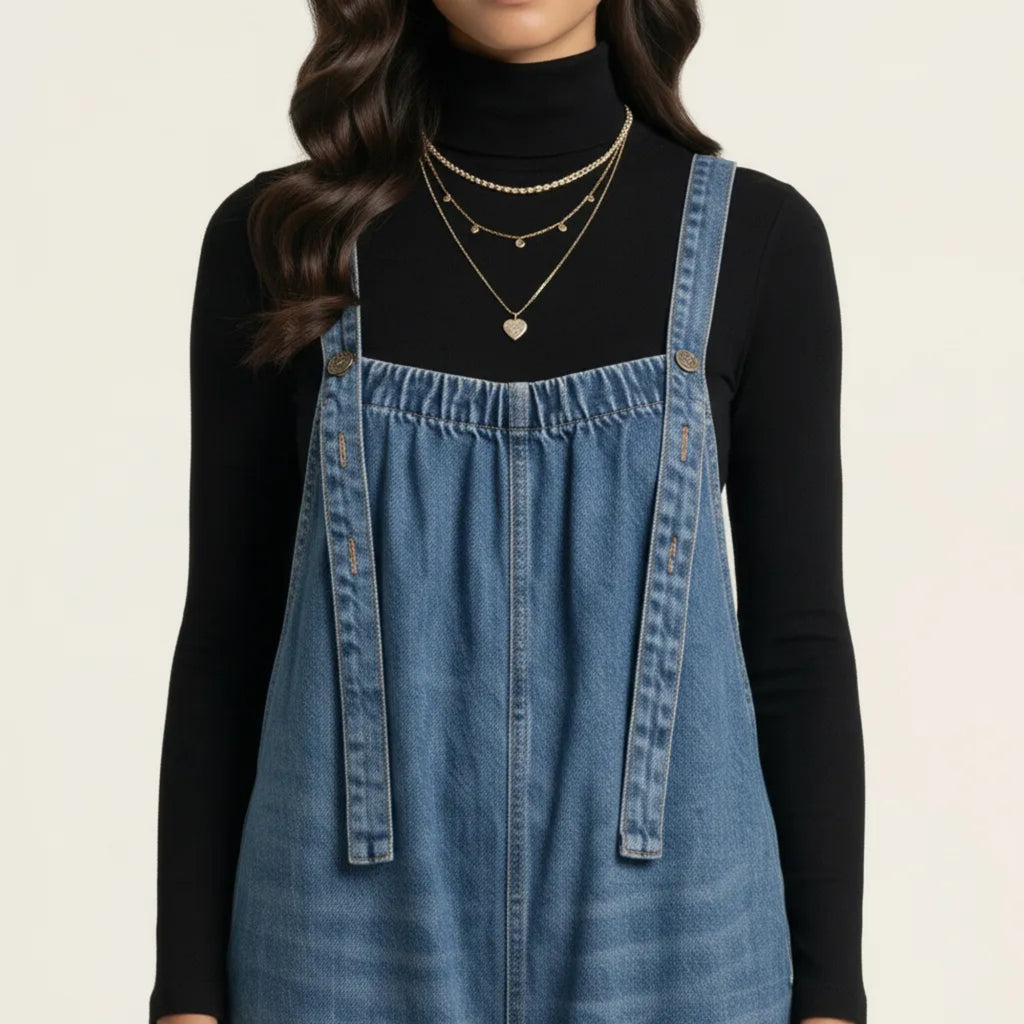 Anna-Kaci Sleeveless Wide Leg Denim Jumpsuit with Gathered Neckline Adjustable Shoulder Straps Loose Fit