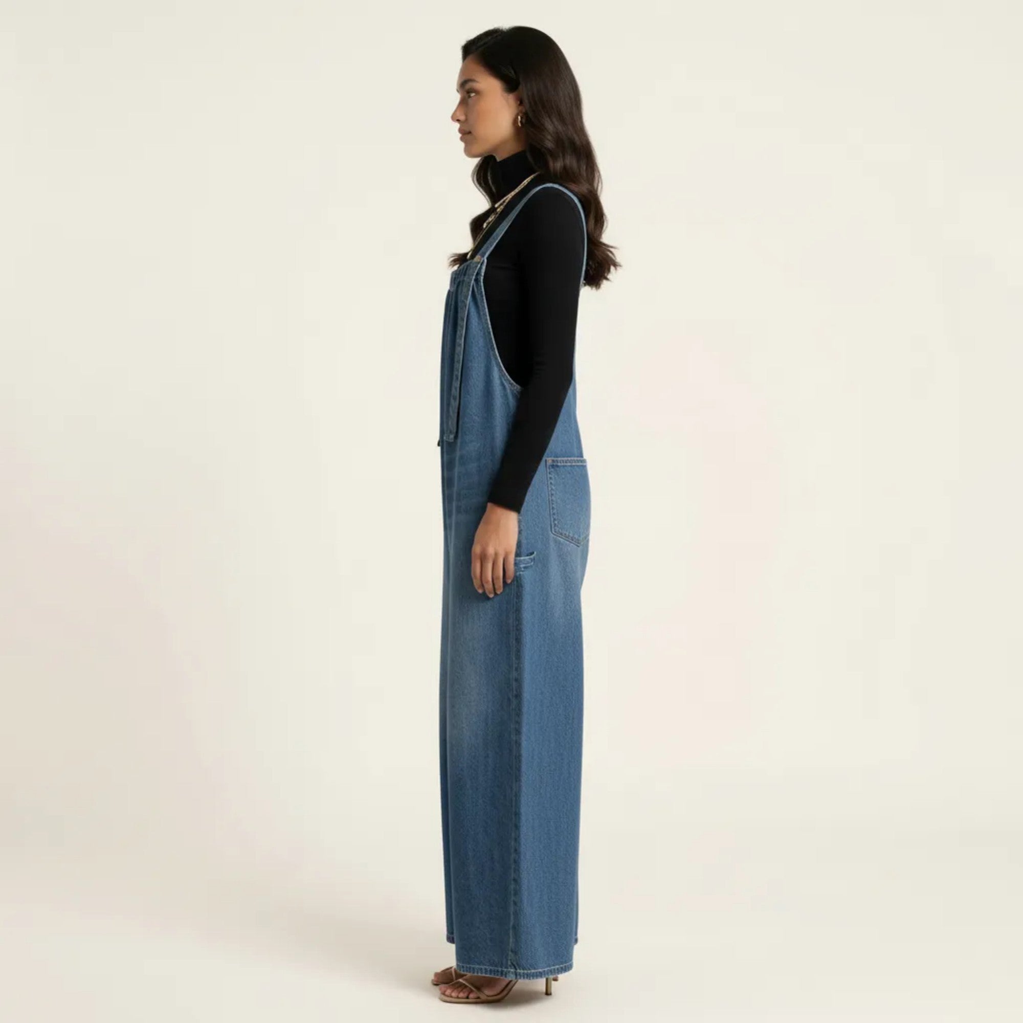 Anna-Kaci Sleeveless Wide Leg Denim Jumpsuit with Gathered Neckline Adjustable Shoulder Straps Loose Fit