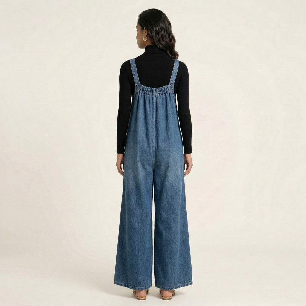Anna-Kaci Sleeveless Wide Leg Denim Jumpsuit with Gathered Neckline Adjustable Shoulder Straps Loose Fit