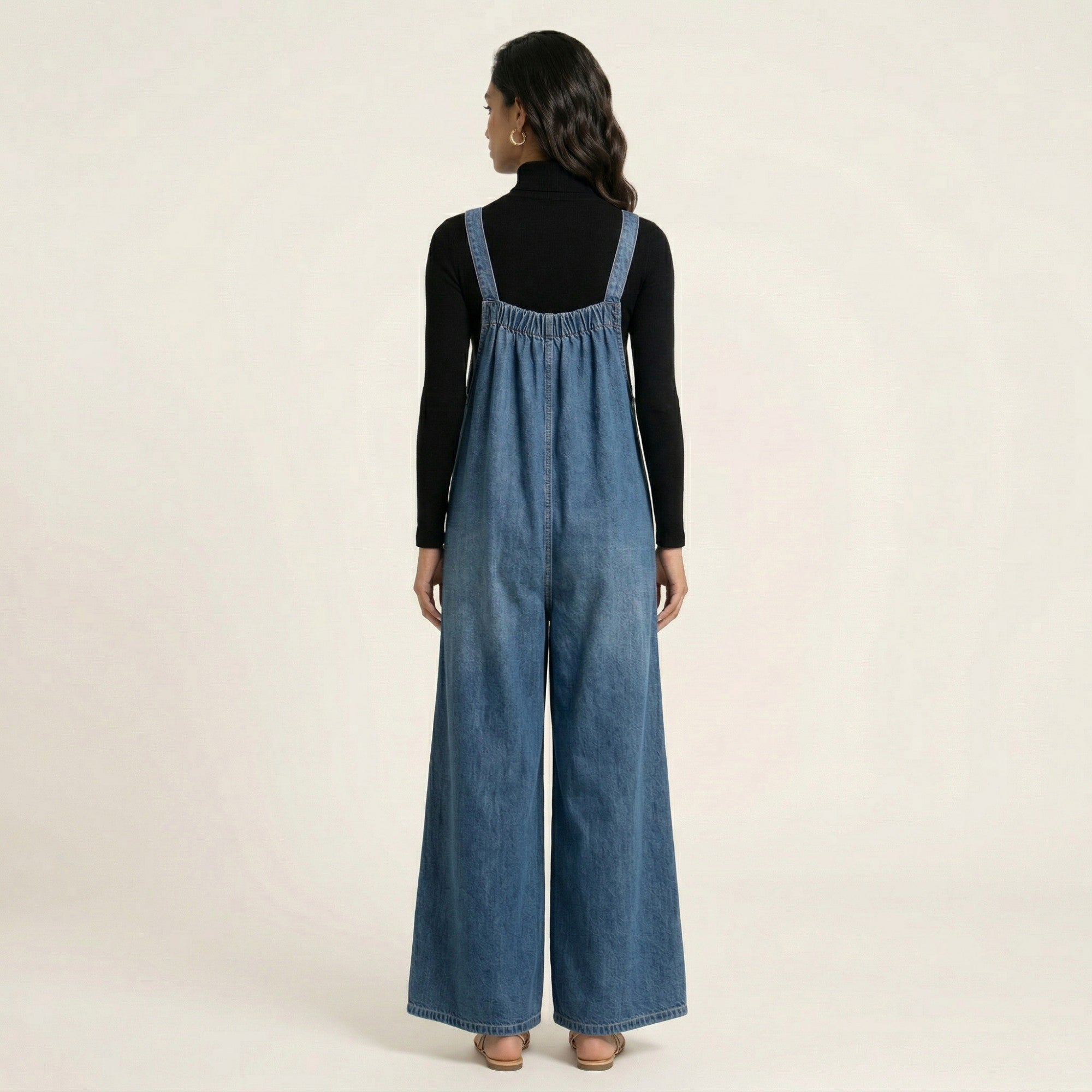 Anna-Kaci Sleeveless Wide Leg Denim Jumpsuit with Gathered Neckline Adjustable Shoulder Straps Loose Fit