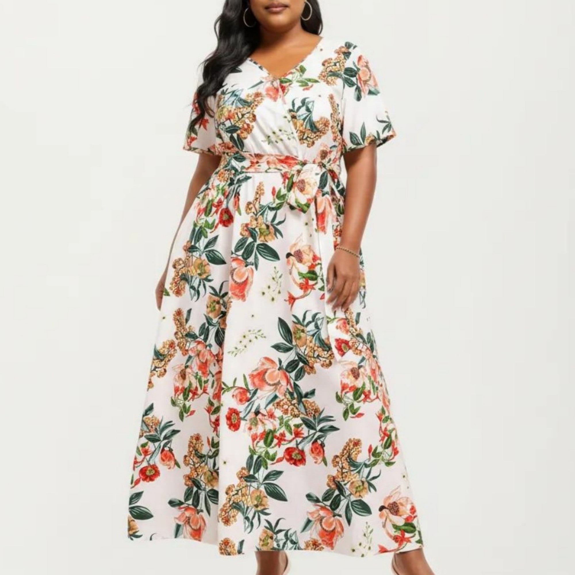 Anna-Kaci Short Sleeve V Neck Maxi Dress with Floral Print Waist Tie Flowy A Line Long Dress