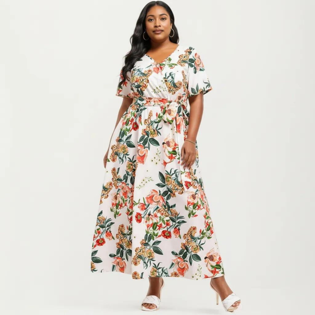 Anna-Kaci Short Sleeve V Neck Maxi Dress with Floral Print Waist Tie Flowy A Line Long Dress