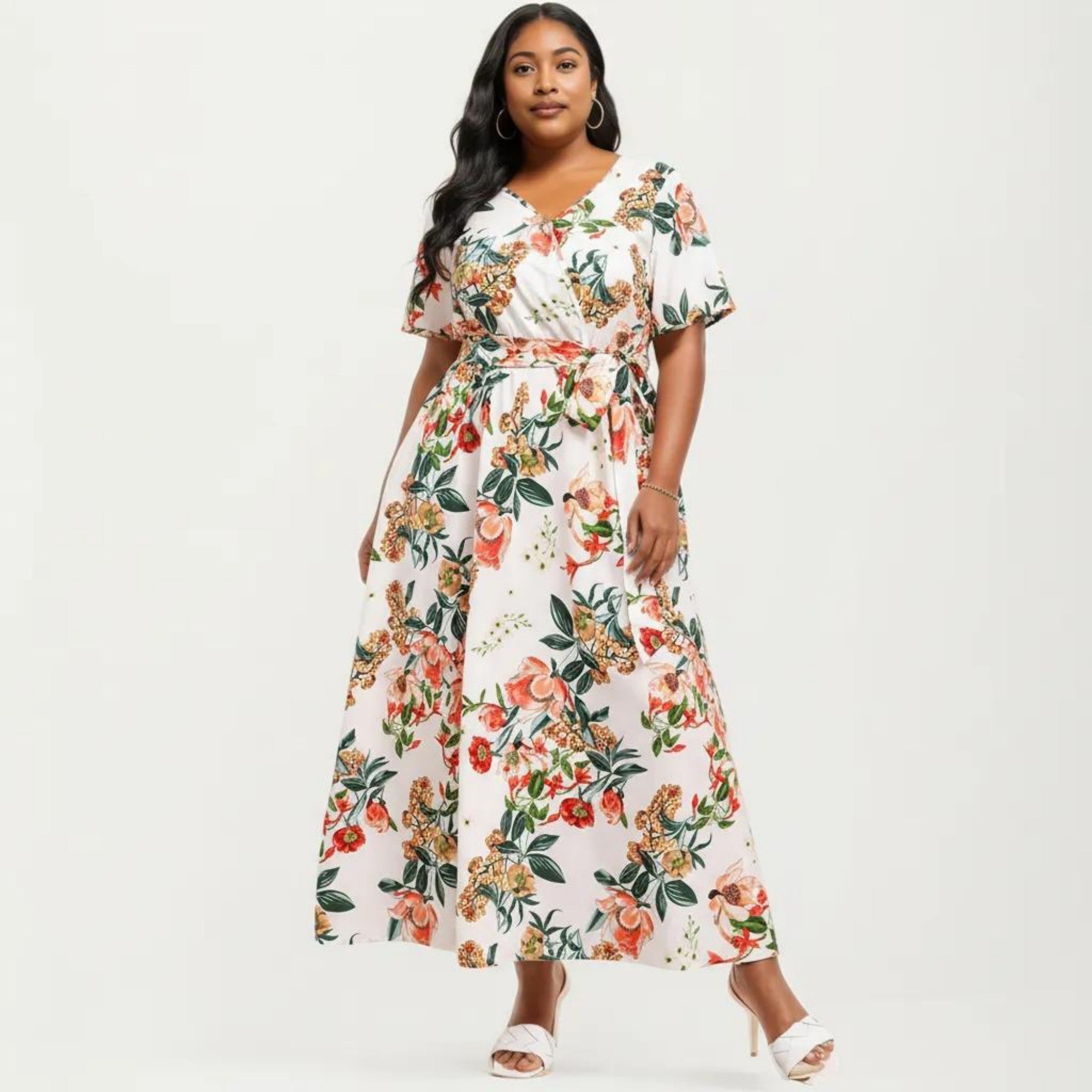 Anna-Kaci Short Sleeve V Neck Maxi Dress with Floral Print Waist Tie Flowy A Line Long Dress
