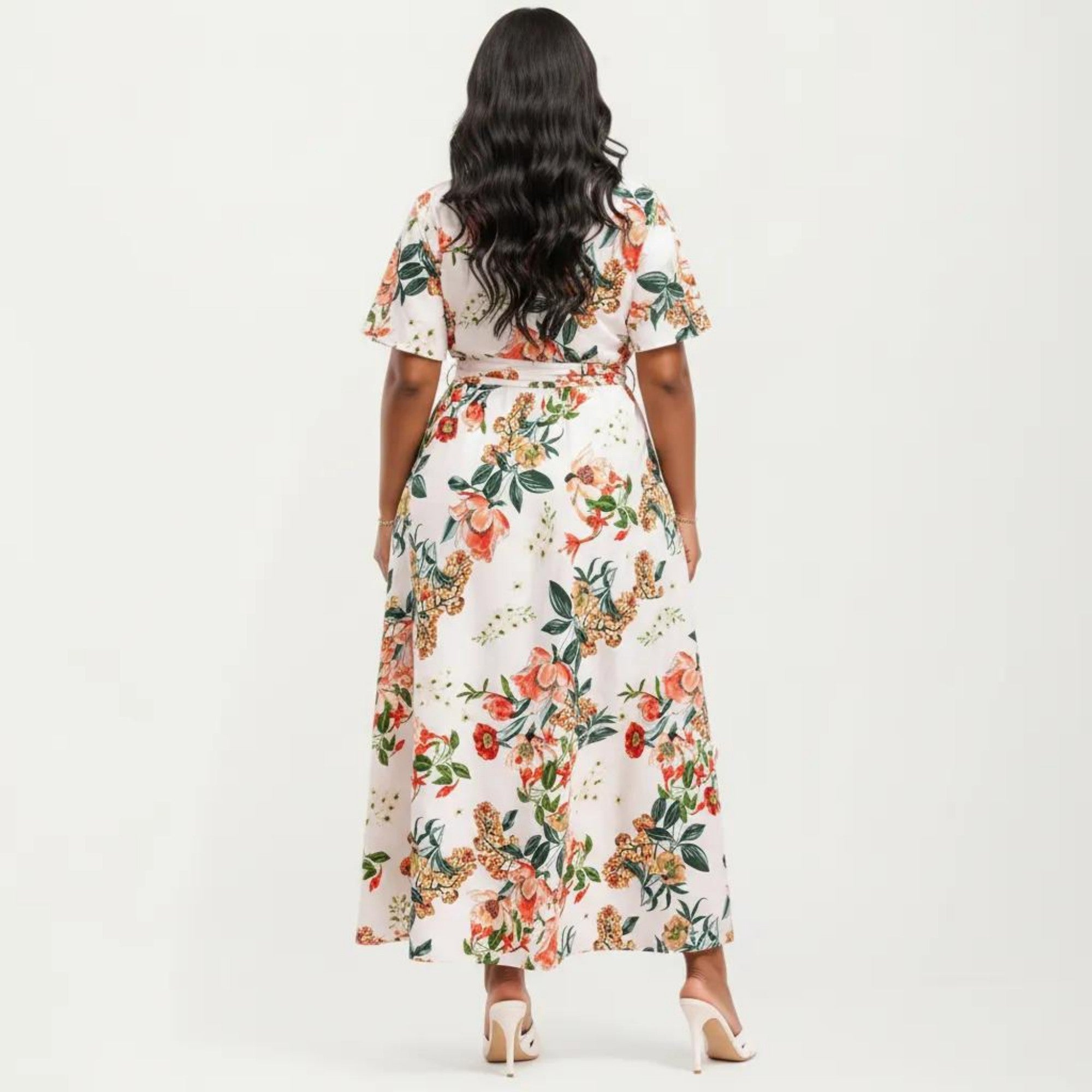 Anna-Kaci Short Sleeve V Neck Maxi Dress with Floral Print Waist Tie Flowy A Line Long Dress