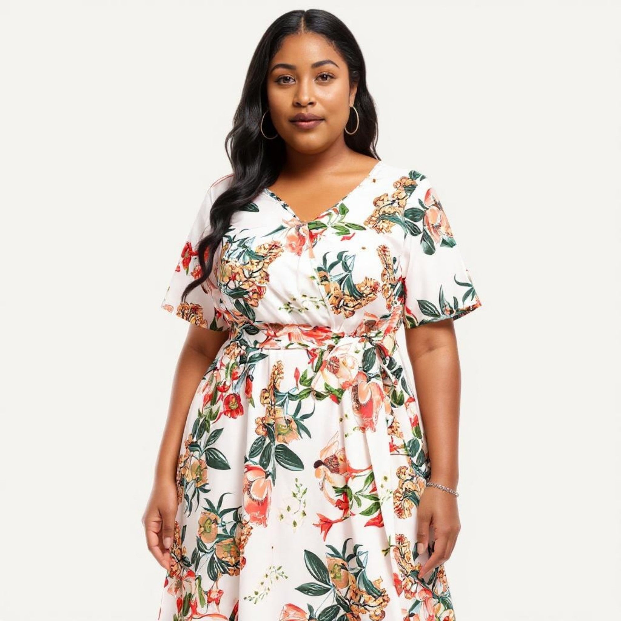 Anna-Kaci Short Sleeve V Neck Maxi Dress with Floral Print Waist Tie Flowy A Line Long Dress