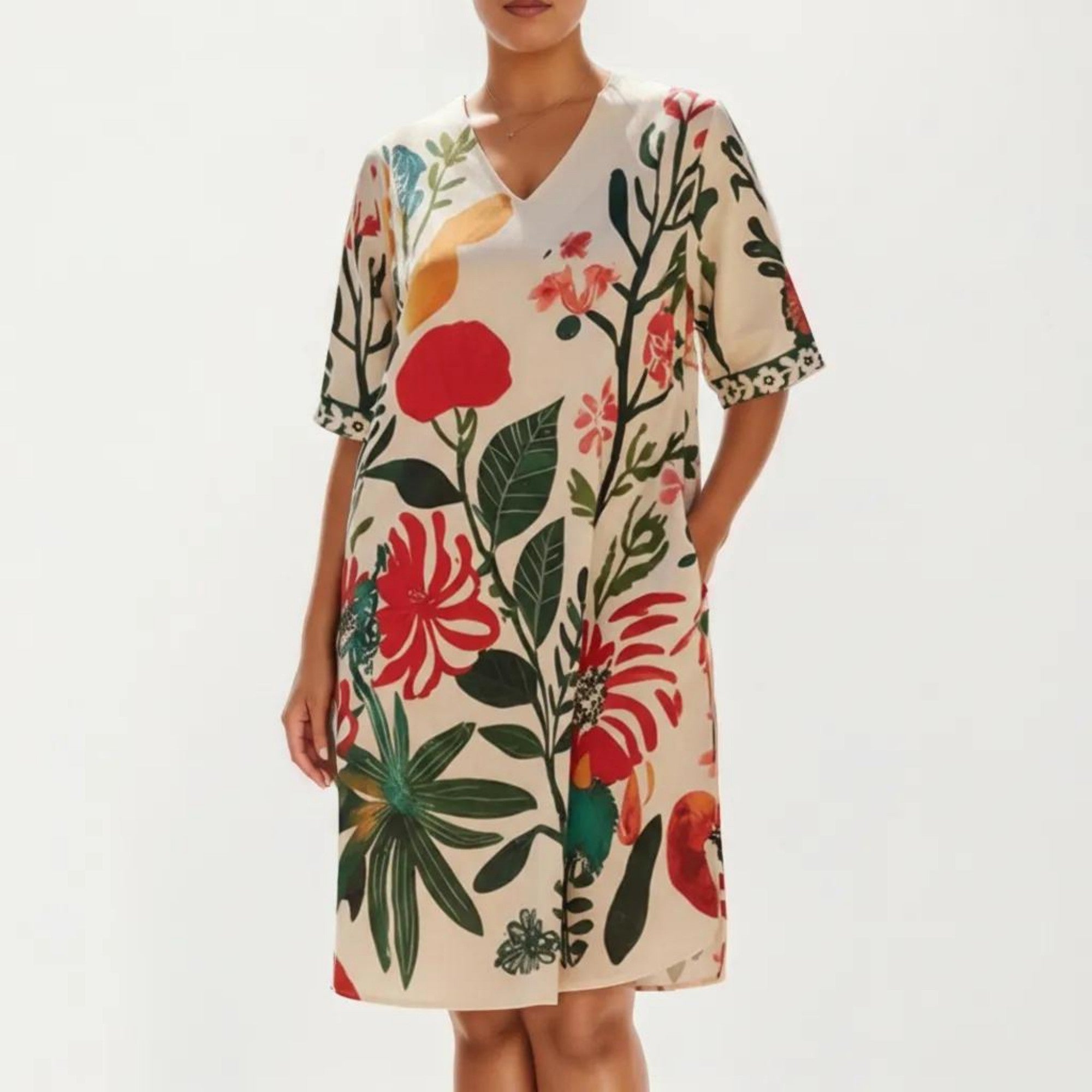 Anna-Kaci Short Sleeve V Neck Shift Dress with Floral Print Relaxed Fit Knee Length Casual Dress