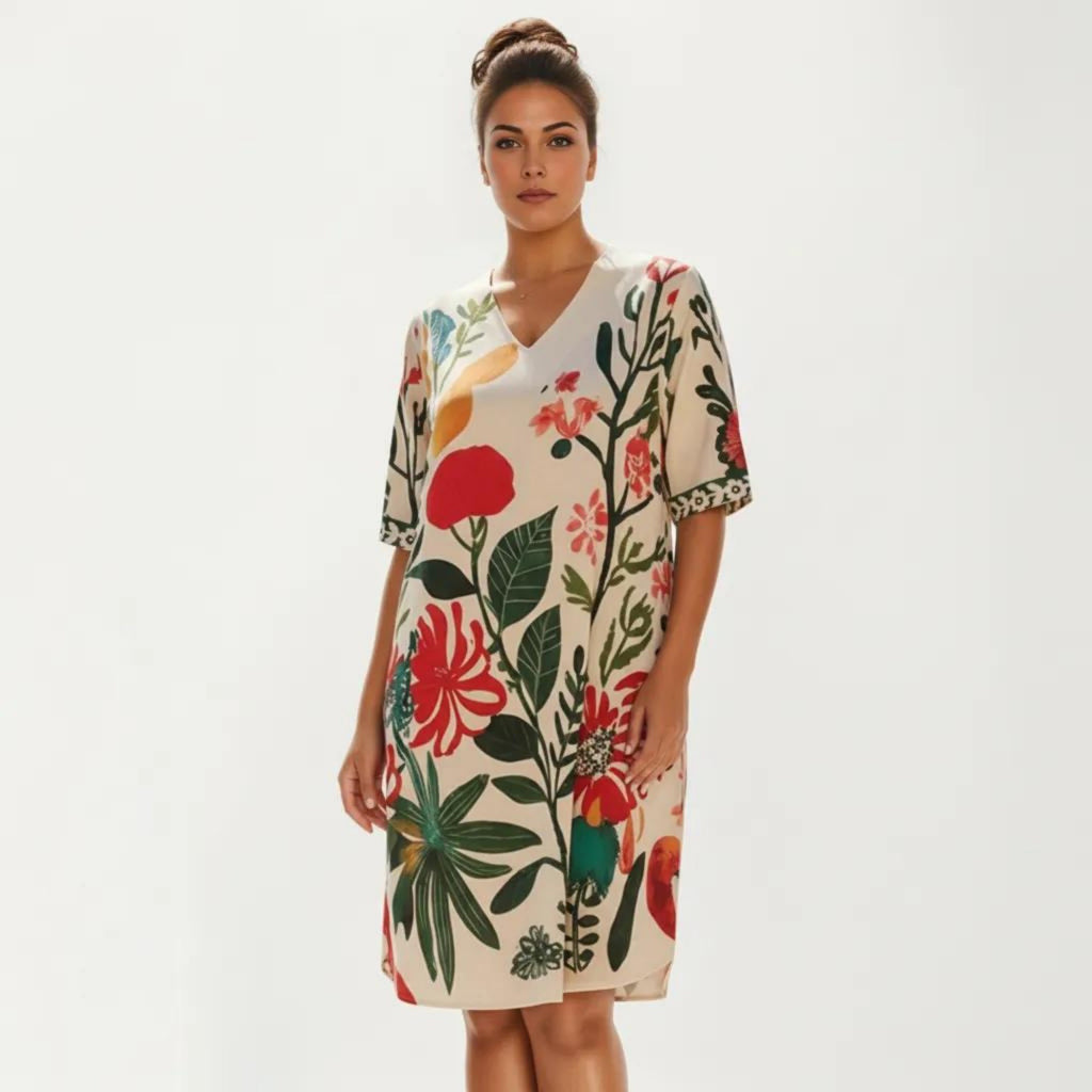 Anna-Kaci Short Sleeve V Neck Shift Dress with Floral Print Relaxed Fit Knee Length Casual Dress