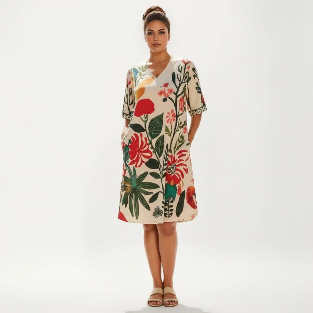 Anna-Kaci Short Sleeve V Neck Shift Dress with Floral Print Relaxed Fit Knee Length Casual Dress