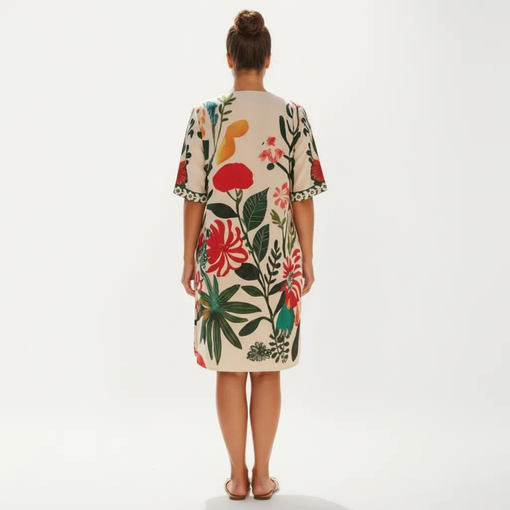 Anna-Kaci Short Sleeve V Neck Shift Dress with Floral Print Relaxed Fit Knee Length Casual Dress