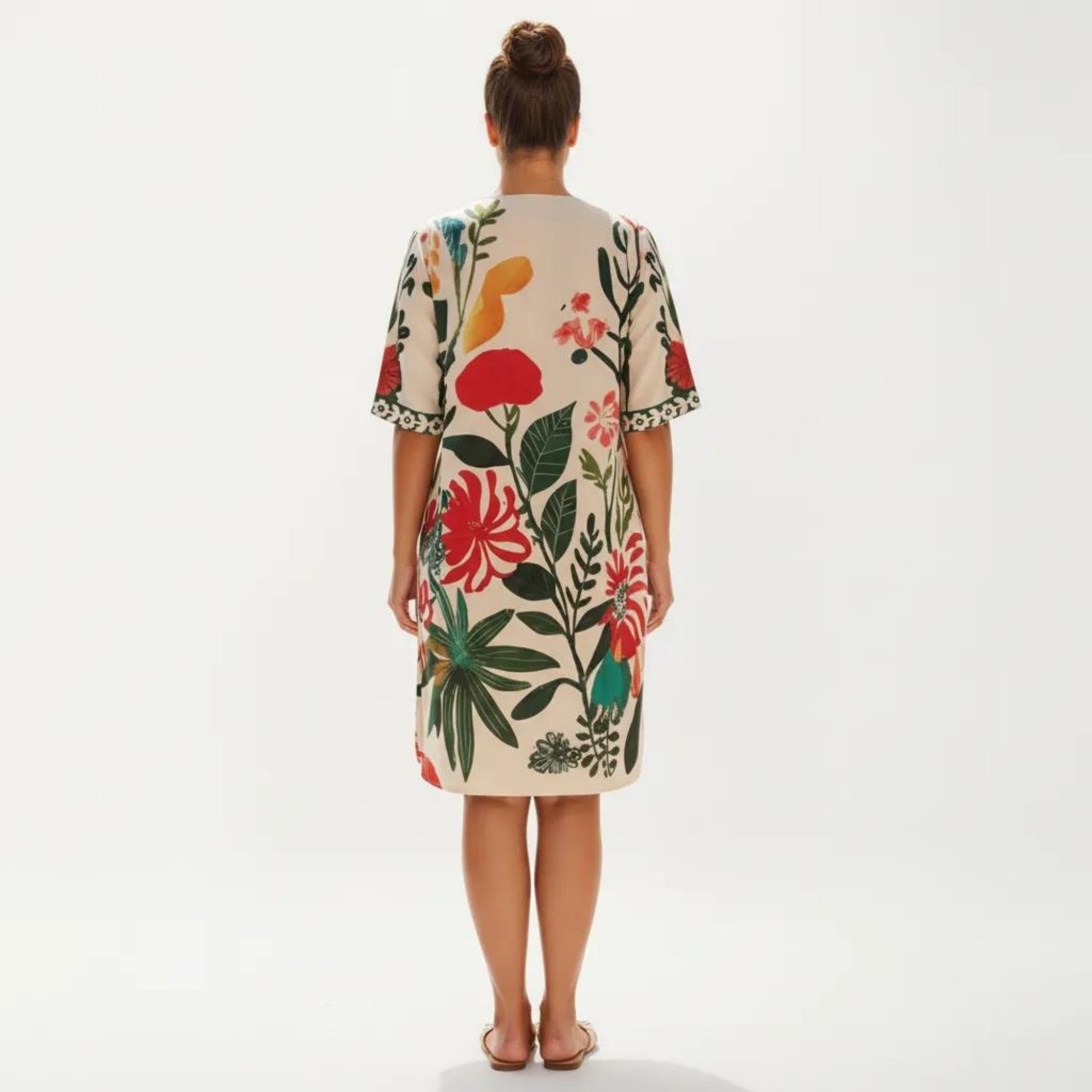 Anna-Kaci Short Sleeve V Neck Shift Dress with Floral Print Relaxed Fit Knee Length Casual Dress
