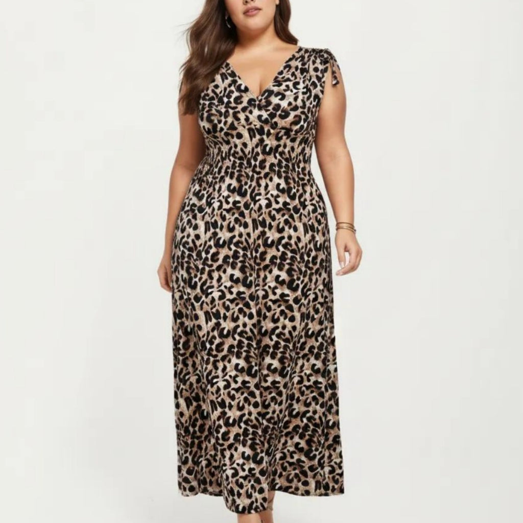 Anna-Kaci Sleeveless V Neck Maxi Dress with Leopard Print Elastic Waist Flowy A Line Long Dress