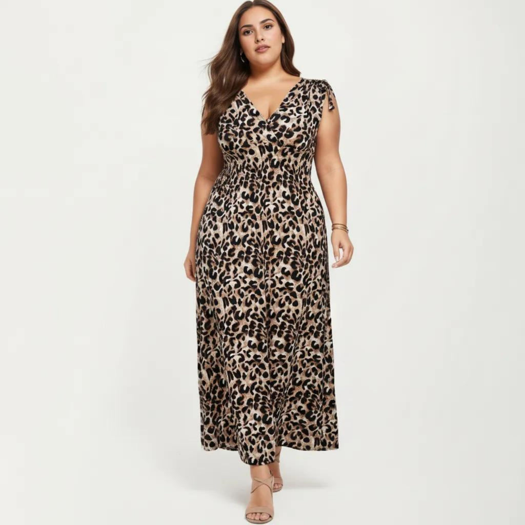Anna-Kaci Sleeveless V Neck Maxi Dress with Leopard Print Elastic Waist Flowy A Line Long Dress