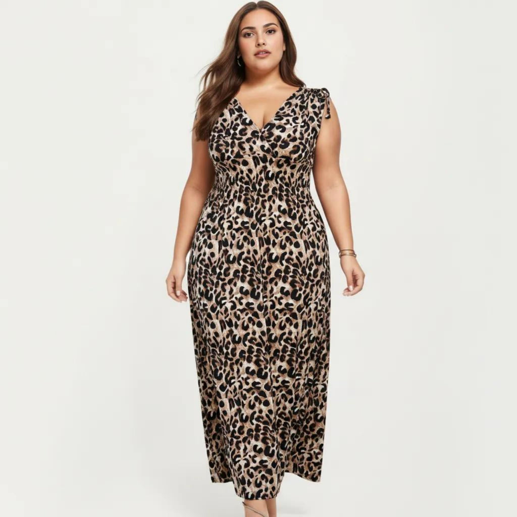 Anna-Kaci Sleeveless V Neck Maxi Dress with Leopard Print Elastic Waist Flowy A Line Long Dress