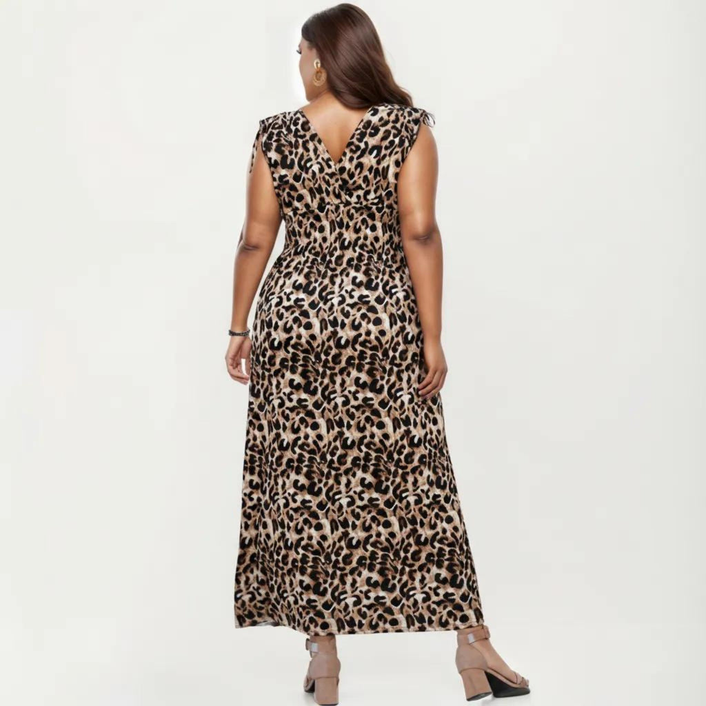 Anna-Kaci Sleeveless V Neck Maxi Dress with Leopard Print Elastic Waist Flowy A Line Long Dress