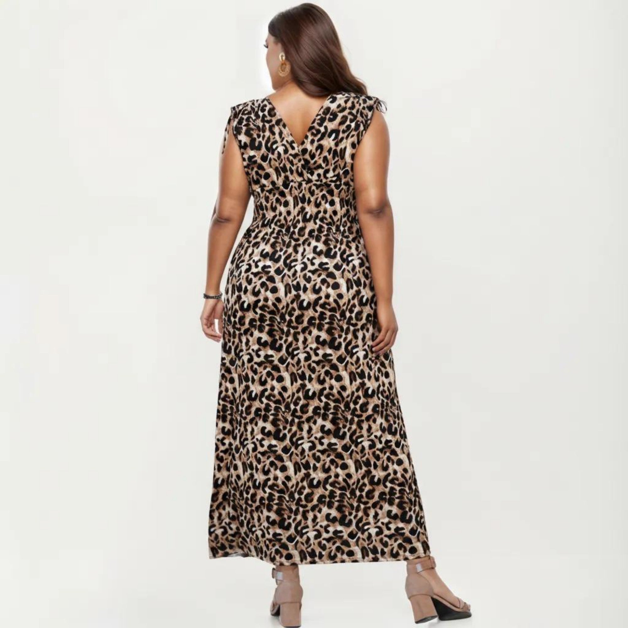 Anna-Kaci Sleeveless V Neck Maxi Dress with Leopard Print Elastic Waist Flowy A Line Long Dress