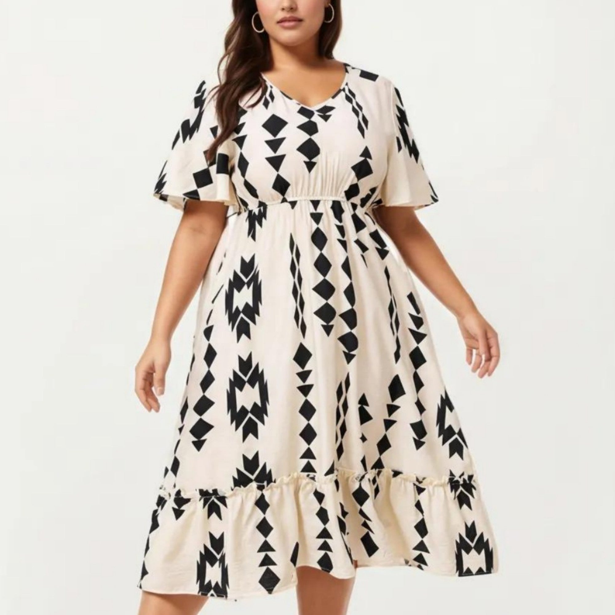 Anna-Kaci Short Sleeve V Neck Midi Dress with Elastic Waist Geometric Print Tiered Hem Flowy A Line Dress