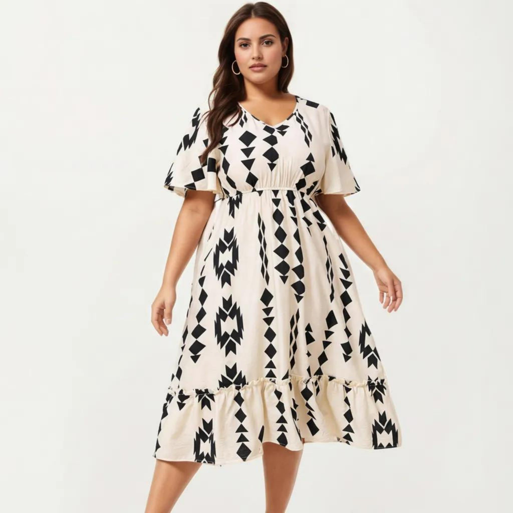 Anna-Kaci Short Sleeve V Neck Midi Dress with Elastic Waist Geometric Print Tiered Hem Flowy A Line Dress