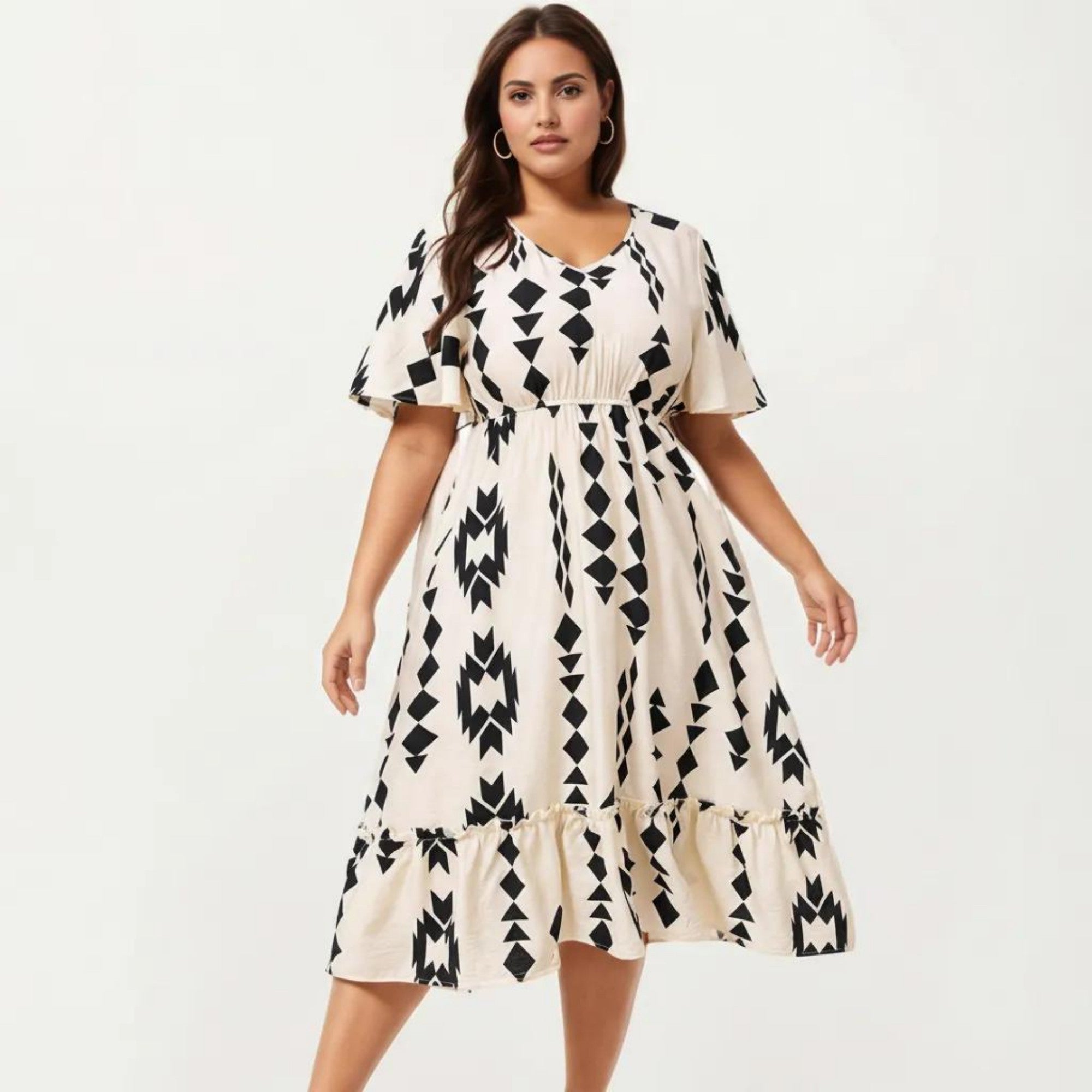Anna-Kaci Short Sleeve V Neck Midi Dress with Elastic Waist Geometric Print Tiered Hem Flowy A Line Dress
