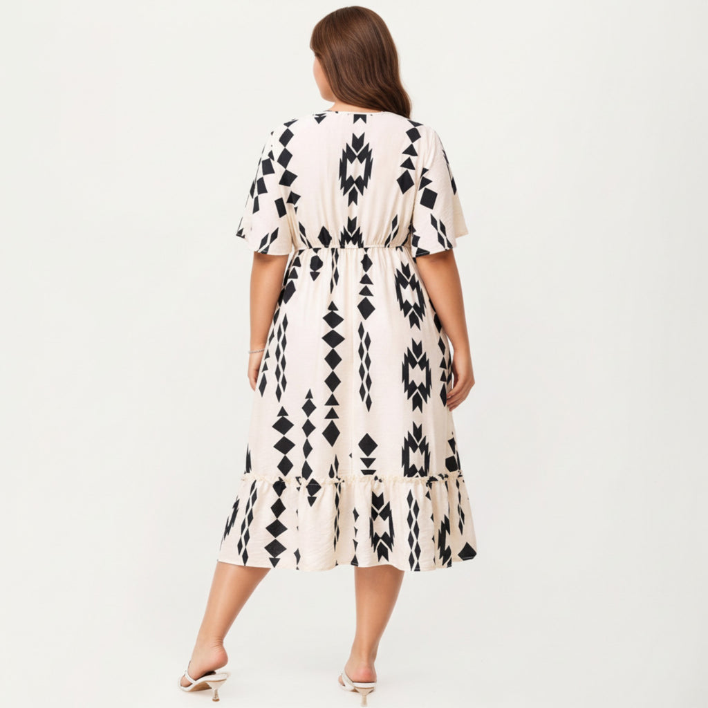 Anna-Kaci Short Sleeve V Neck Midi Dress with Elastic Waist Geometric Print Tiered Hem Flowy A Line Dress