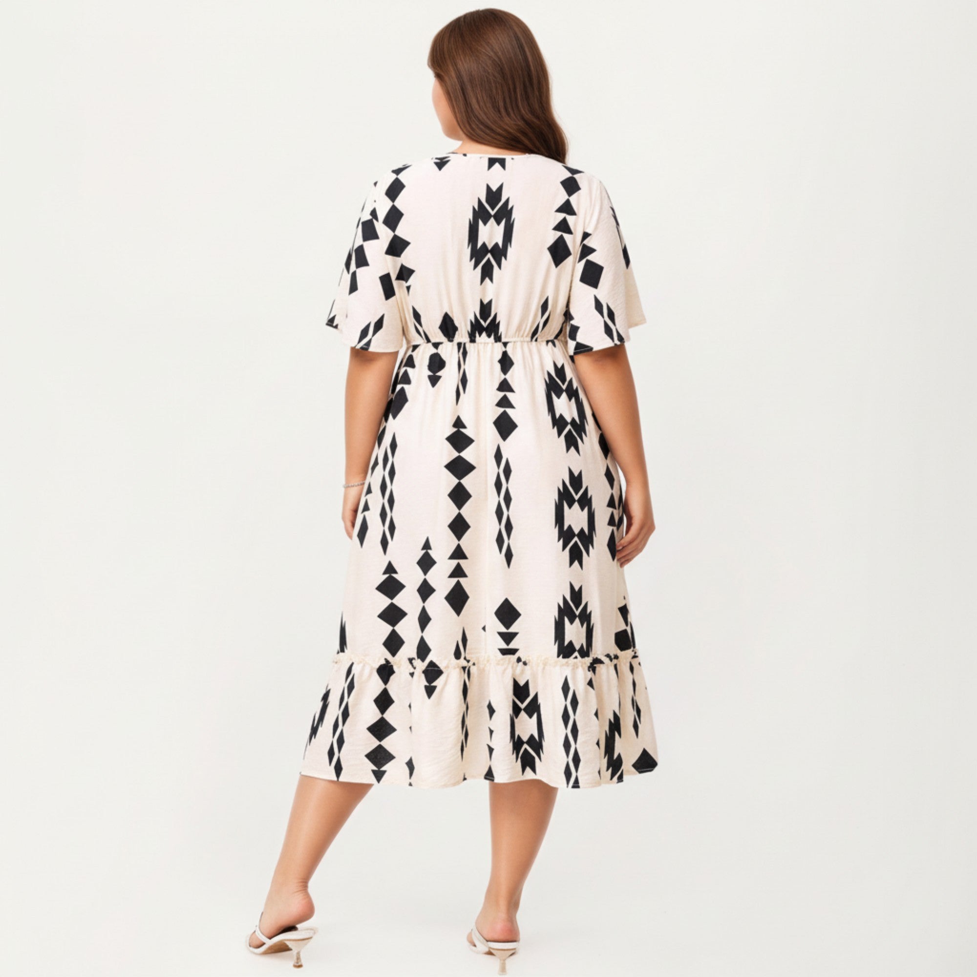 Anna-Kaci Short Sleeve V Neck Midi Dress with Elastic Waist Geometric Print Tiered Hem Flowy A Line Dress
