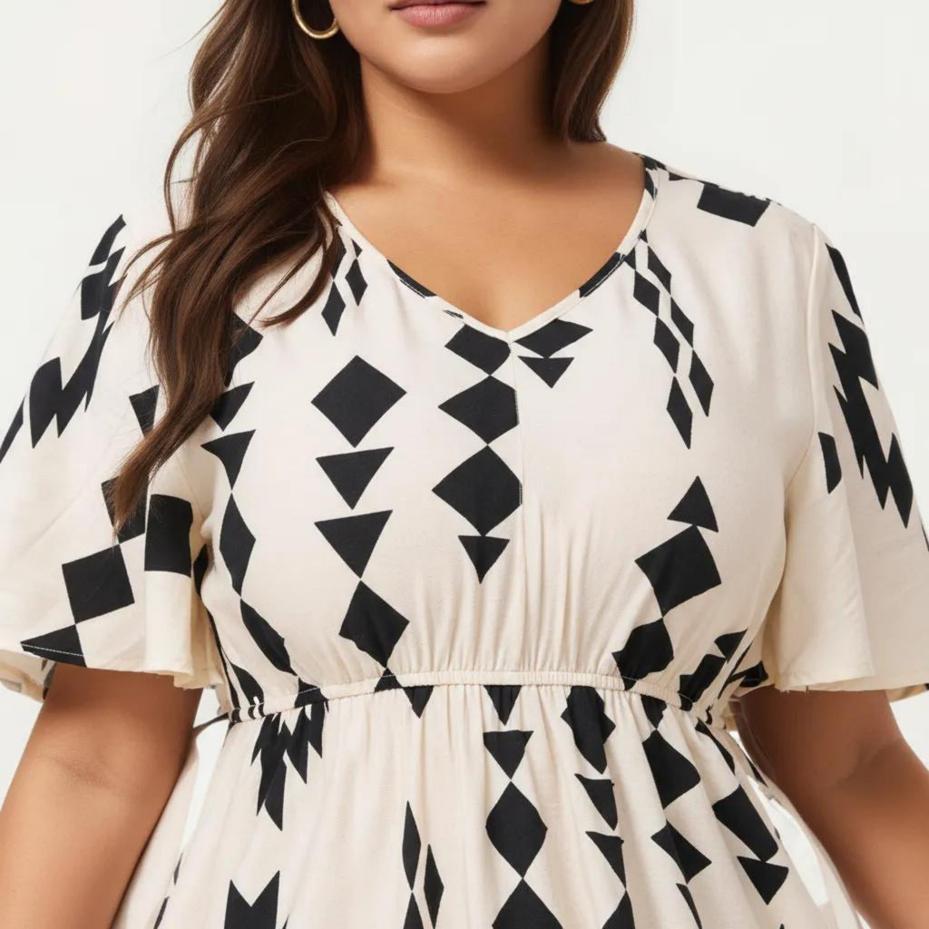 Anna-Kaci Short Sleeve V Neck Midi Dress with Elastic Waist Geometric Print Tiered Hem Flowy A Line Dress