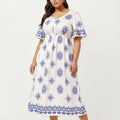 Anna-Kaci V Neck Midi Dress with Elastic Waist All Over Print Border Detail Flowy Fit Casual Dress