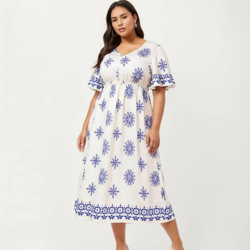 Anna-Kaci V Neck Midi Dress with Elastic Waist All Over Print Border Detail Flowy Fit Casual Dress