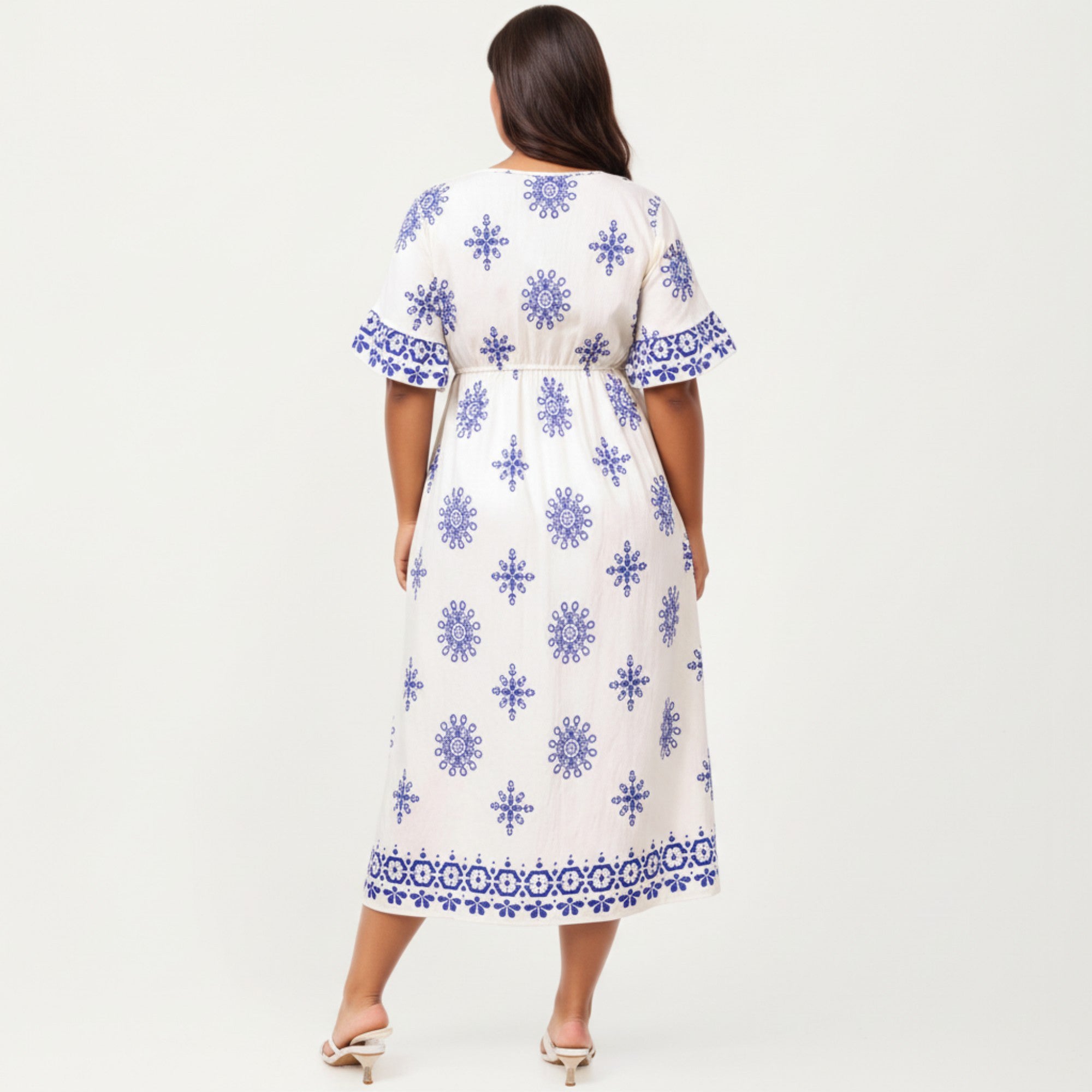 Anna-Kaci V Neck Midi Dress with Elastic Waist All Over Print Border Detail Flowy Fit Casual Dress