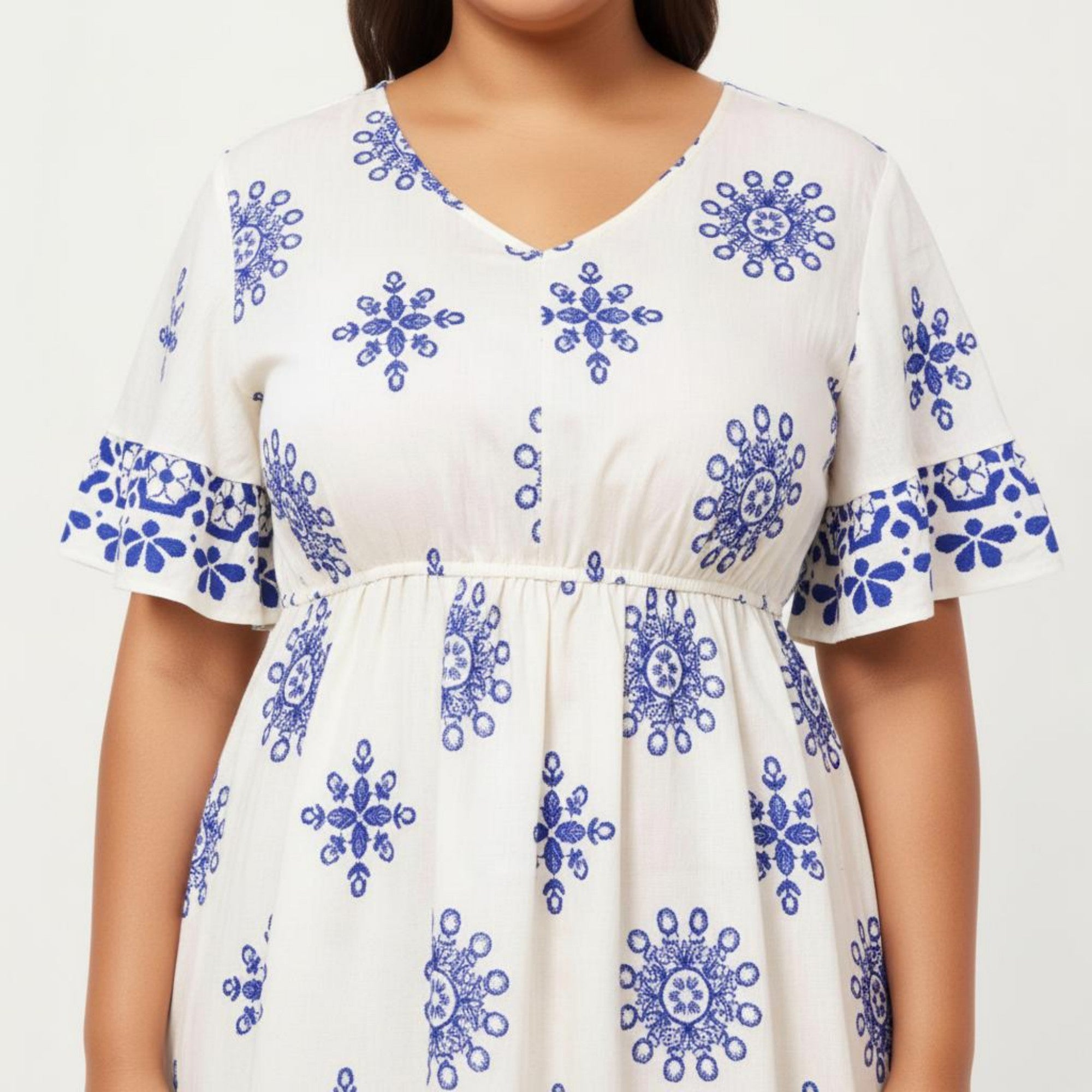 Anna-Kaci V Neck Midi Dress with Elastic Waist All Over Print Border Detail Flowy Fit Casual Dress