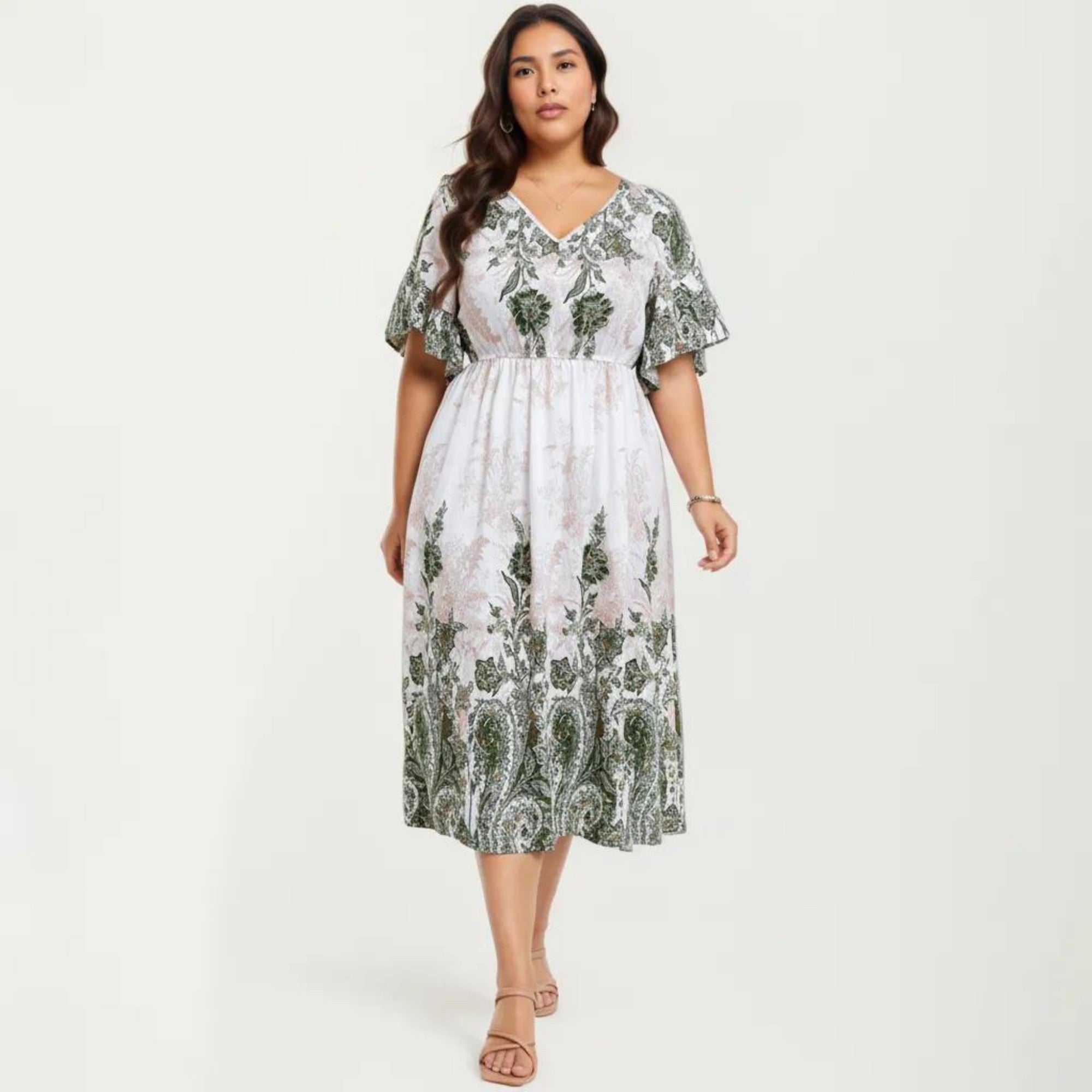 Anna-Kaci Short Sleeve V Neck Midi Dress with Elastic Waist All Over Floral Print Flowy Fit Casual Dress