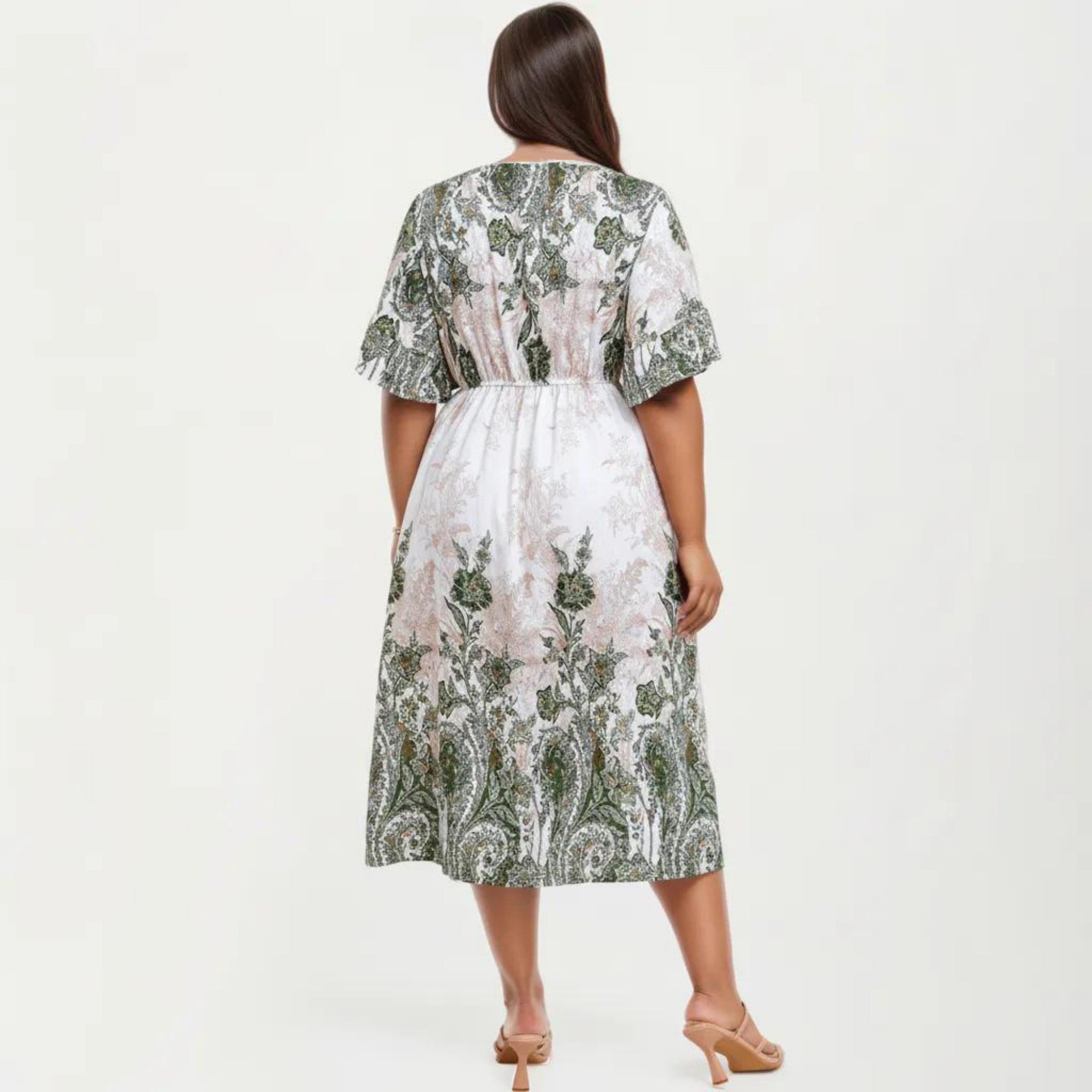 Anna-Kaci Short Sleeve V Neck Midi Dress with Elastic Waist All Over Floral Print Flowy Fit Casual Dress