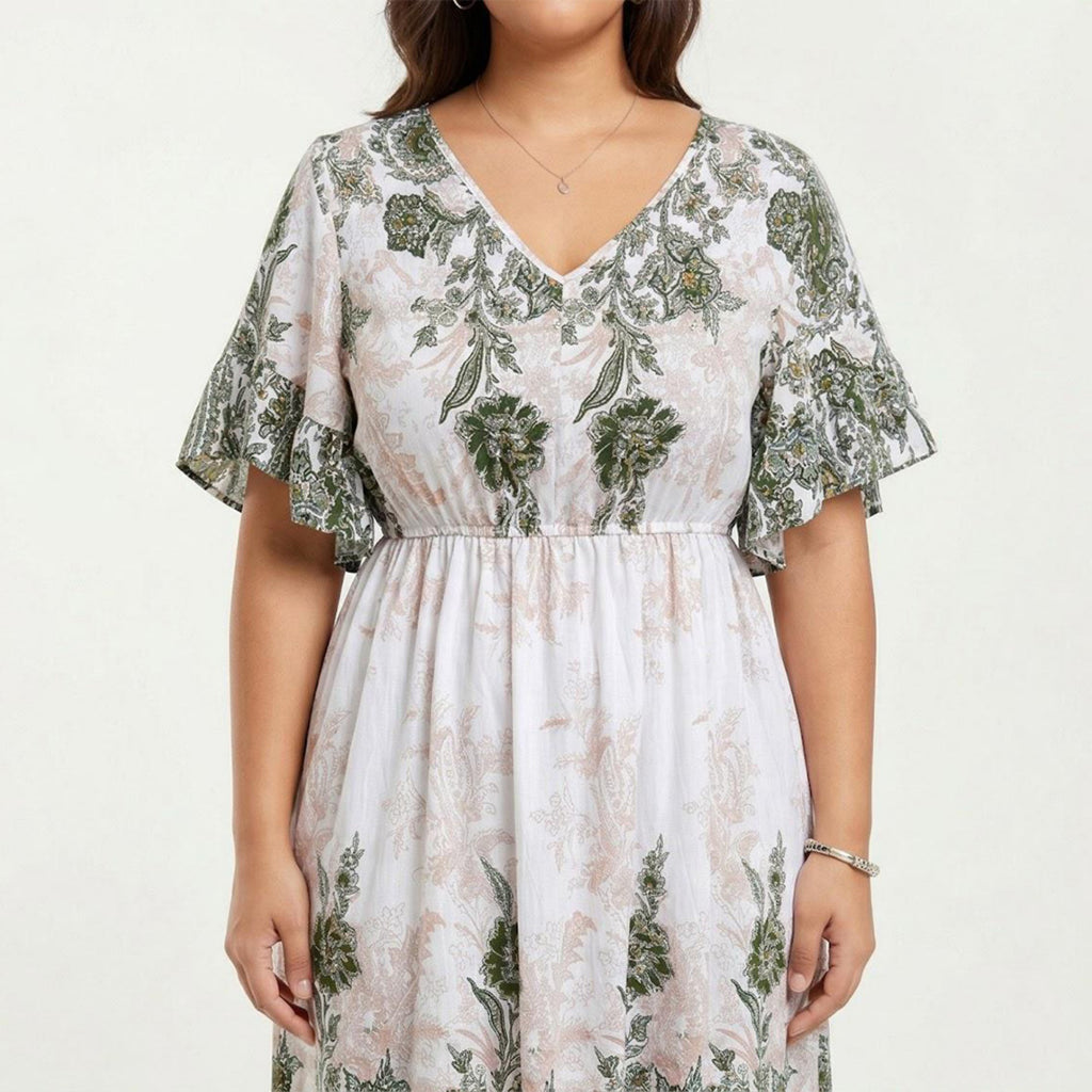 Anna-Kaci Short Sleeve V Neck Midi Dress with Elastic Waist All Over Floral Print Flowy Fit Casual Dress