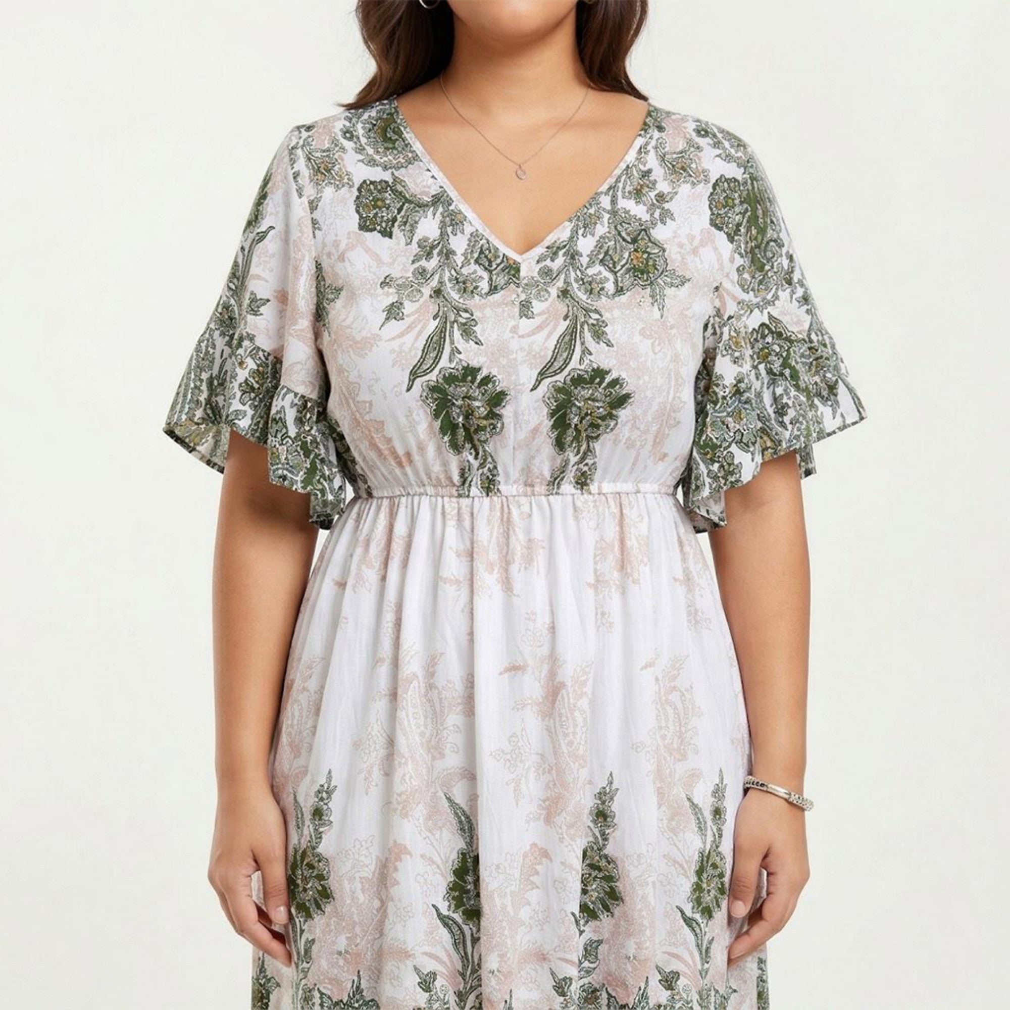 Anna-Kaci Short Sleeve V Neck Midi Dress with Elastic Waist All Over Floral Print Flowy Fit Casual Dress
